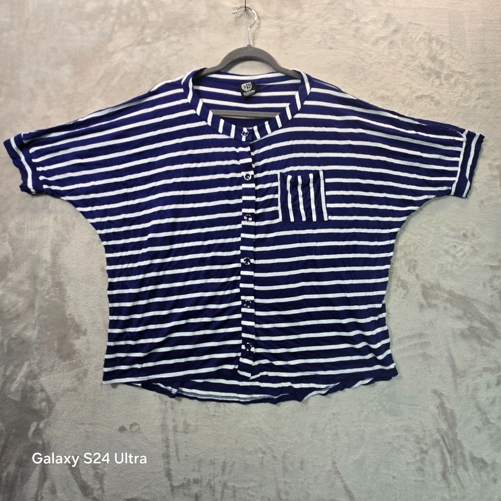 Bobeau Blouse Top Women 1X Navy Blue White Striped Rayon Dolman Sleeve Button Up